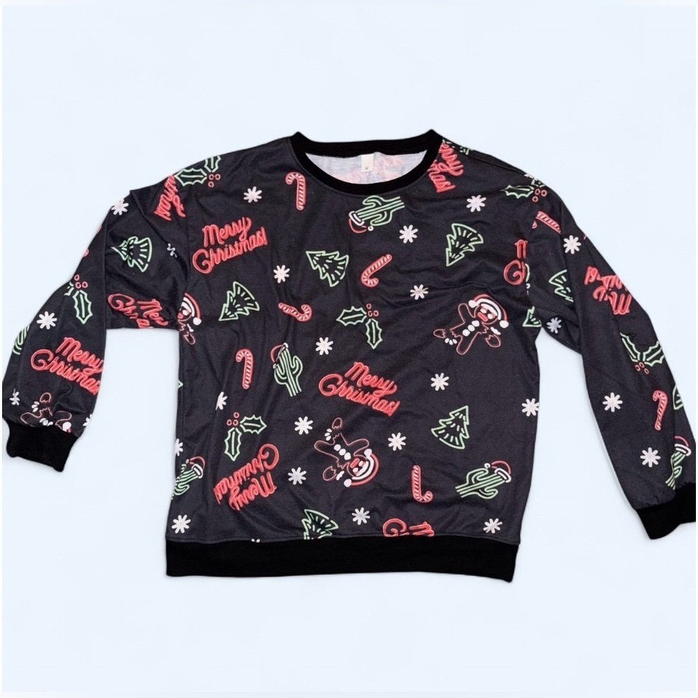 🎄 Merry Christmas Neon Print Sweatshirt | Men’s Medium | Black Holiday Pullover